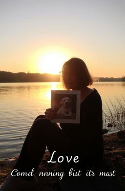 A serene and comforting scene depicting a person sitting at a peaceful lakeside, holding a photograph of a beloved pet