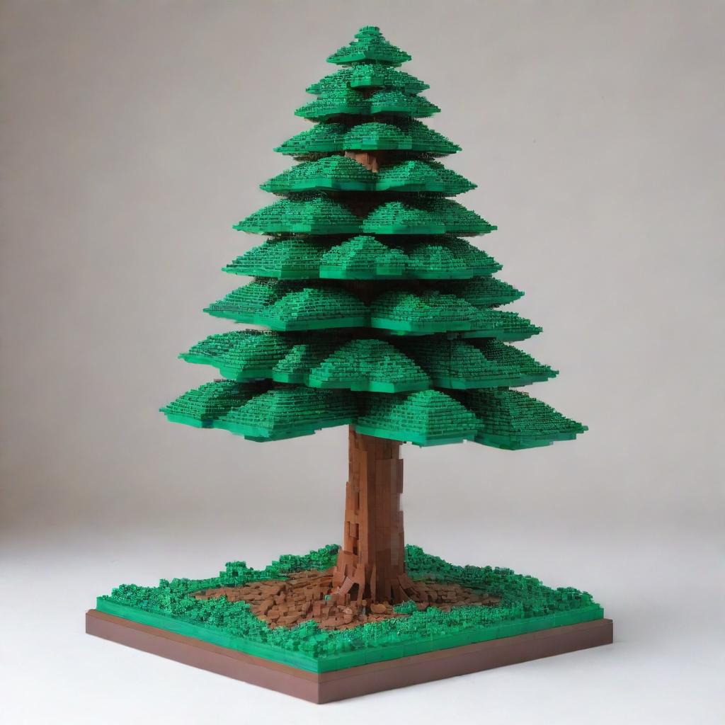 A detailed model of a verdant pine tree composed entirely out of Lego bricks