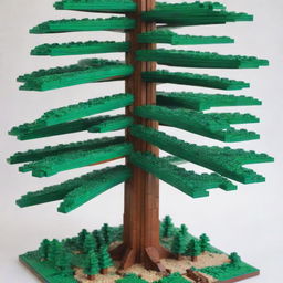 A detailed model of a verdant pine tree composed entirely out of Lego bricks