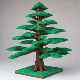 A detailed model of a verdant pine tree composed entirely out of Lego bricks