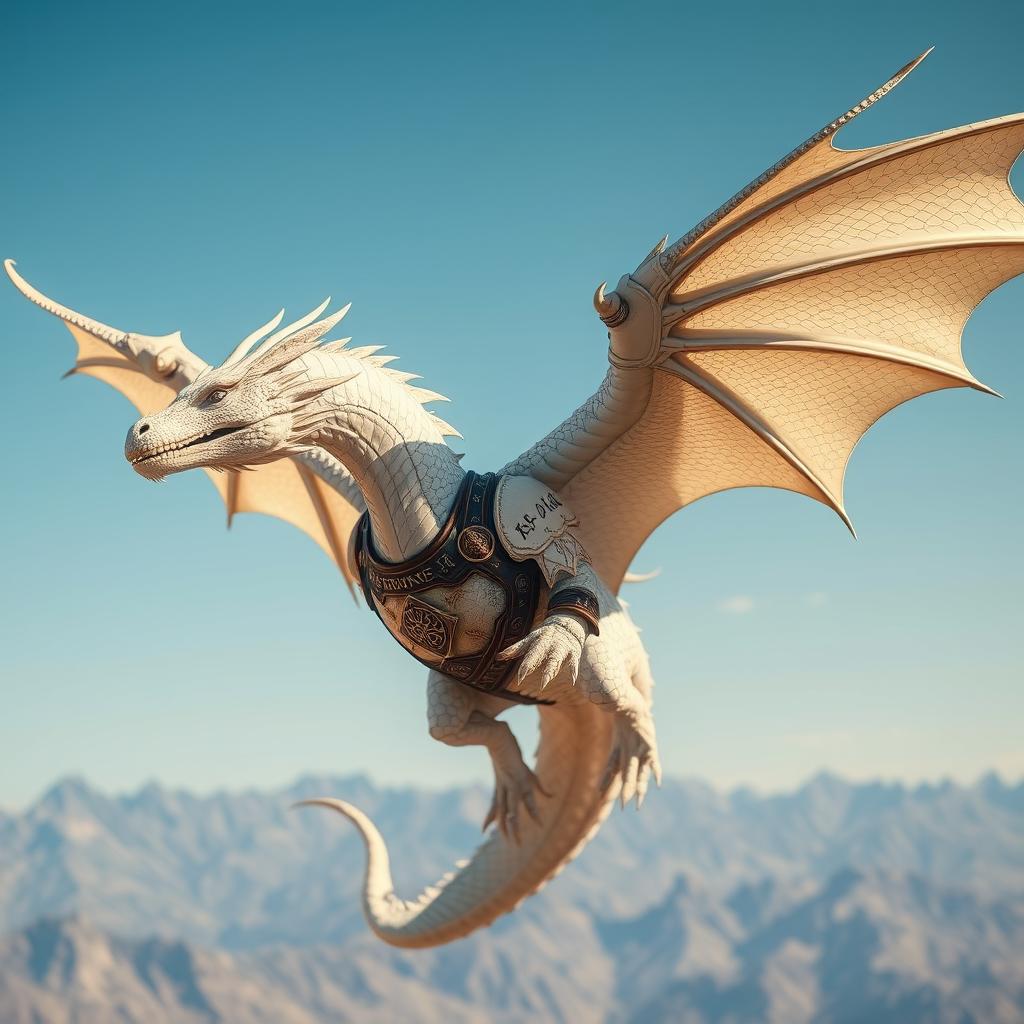 A majestic white dragon clad in intricately designed leather armor soaring through a clear blue sky