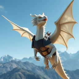 A majestic white dragon clad in intricately designed leather armor soaring through a clear blue sky