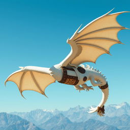 A majestic white dragon clad in intricately designed leather armor soaring through a clear blue sky