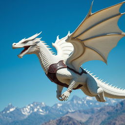 A majestic white dragon clad in intricately designed leather armor soaring through a clear blue sky