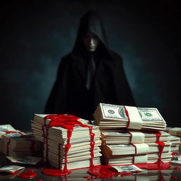 A vivid conceptual art piece illustrating the phrase 'blood money'