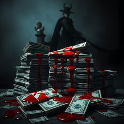 A vivid conceptual art piece illustrating the phrase 'blood money'