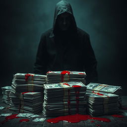 A vivid conceptual art piece illustrating the phrase 'blood money'