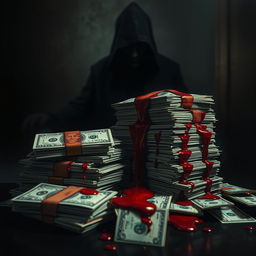 A vivid conceptual art piece illustrating the phrase 'blood money'