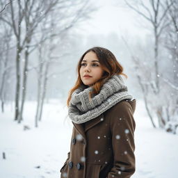 A captivating winter scene featuring a beautiful young woman standing amidst a serene snowfall