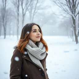 A captivating winter scene featuring a beautiful young woman standing amidst a serene snowfall