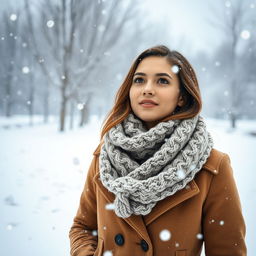 A captivating winter scene featuring a beautiful young woman standing amidst a serene snowfall