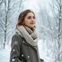 A captivating winter scene featuring a beautiful young woman standing amidst a serene snowfall