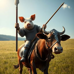 A fantastical scene depicting a pig clad in chainmail armor riding atop a cow dressed in protective barding