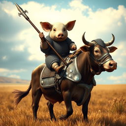 A fantastical scene depicting a pig clad in chainmail armor riding atop a cow dressed in protective barding