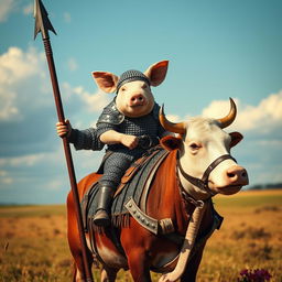 A fantastical scene depicting a pig clad in chainmail armor riding atop a cow dressed in protective barding