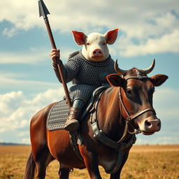 A fantastical scene depicting a pig clad in chainmail armor riding atop a cow dressed in protective barding