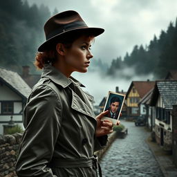 A dramatic and suspenseful scene capturing a female detective standing at the edge of a small, quaint German village