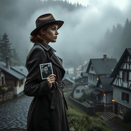 A dramatic and suspenseful scene capturing a female detective standing at the edge of a small, quaint German village