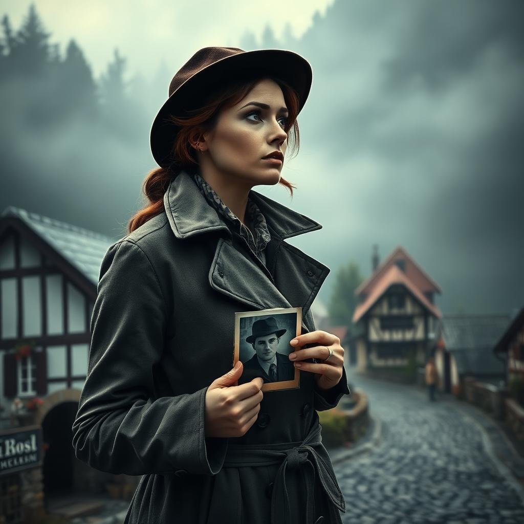 A dramatic and suspenseful scene capturing a female detective standing at the edge of a small, quaint German village