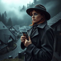 A dramatic and suspenseful scene capturing a female detective standing at the edge of a small, quaint German village