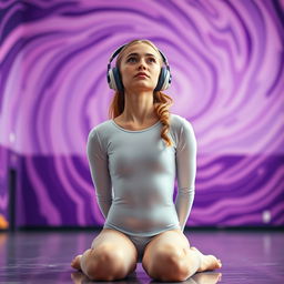 An 18-year-old blonde gymnast, Caucasian, kneeling and zoning out in a gymnastics hall