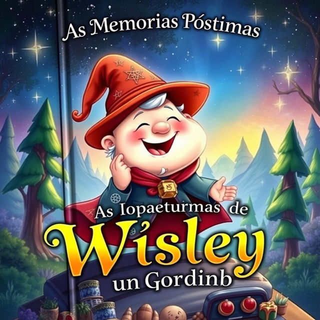 A captivating fantasy book cover featuring a joyful and adventurous chubby protagonist named Wisley