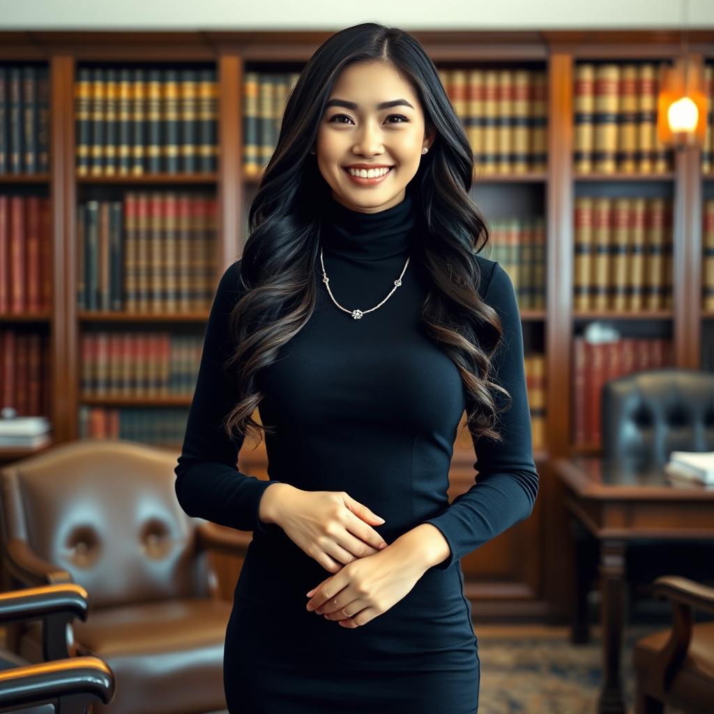 A 32-year-old slender Asian woman exudes elegance as she stands confidently in a lawyer's office