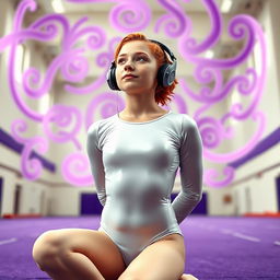 An 18-year-old ginger gymnast, Caucasian, kneeling and zoning out in a gymnastics hall