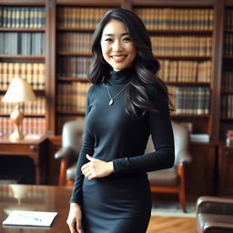 A 32-year-old slender Asian woman exudes elegance as she stands confidently in a lawyer's office