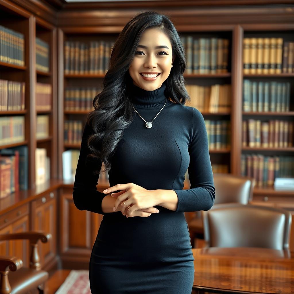 A 32-year-old slender Asian woman exudes elegance as she stands confidently in a lawyer's office