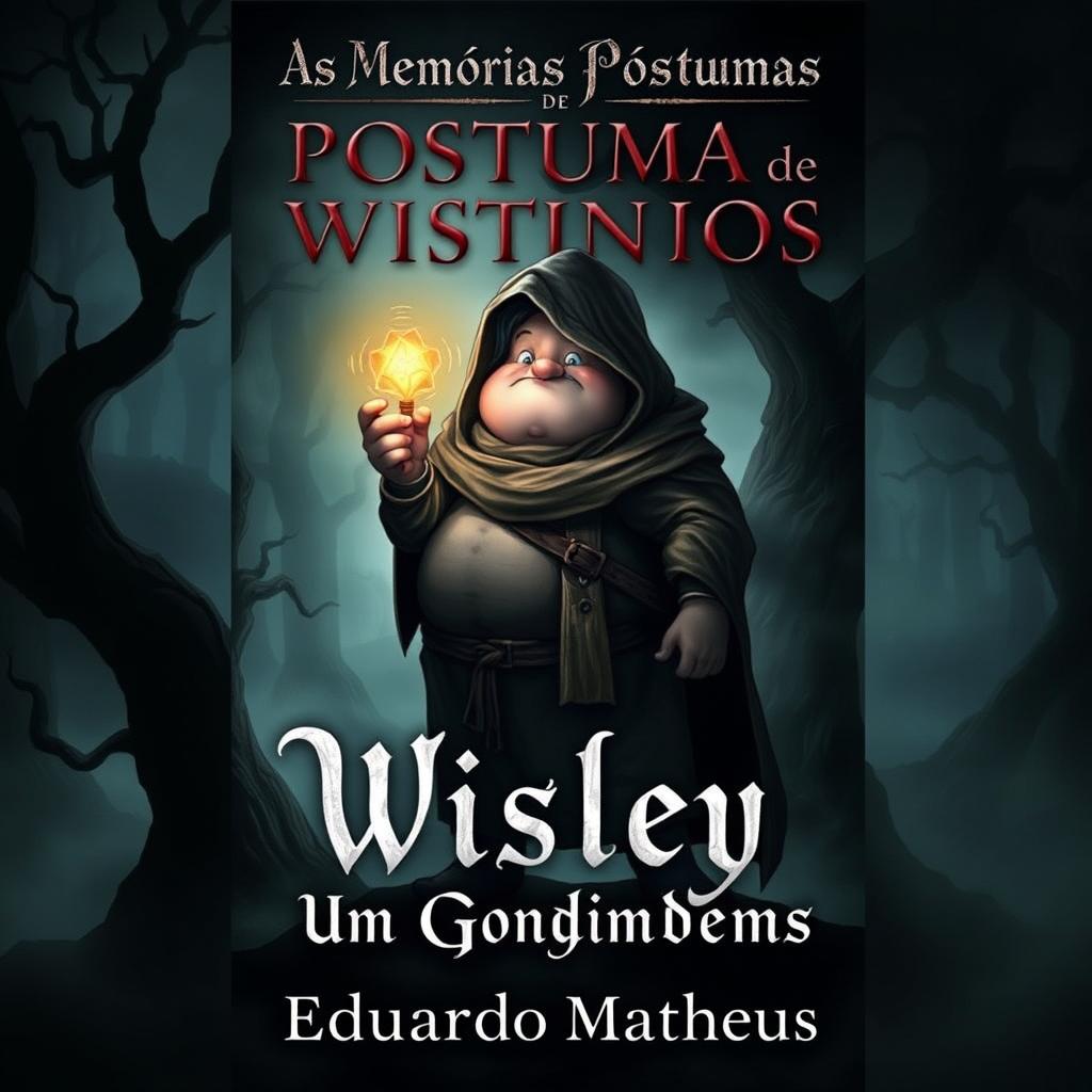 A dark fantasy book cover featuring a mysterious and adventurous chubby protagonist named Wisley