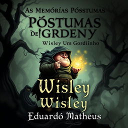 A dark fantasy book cover featuring a mysterious and adventurous chubby protagonist named Wisley