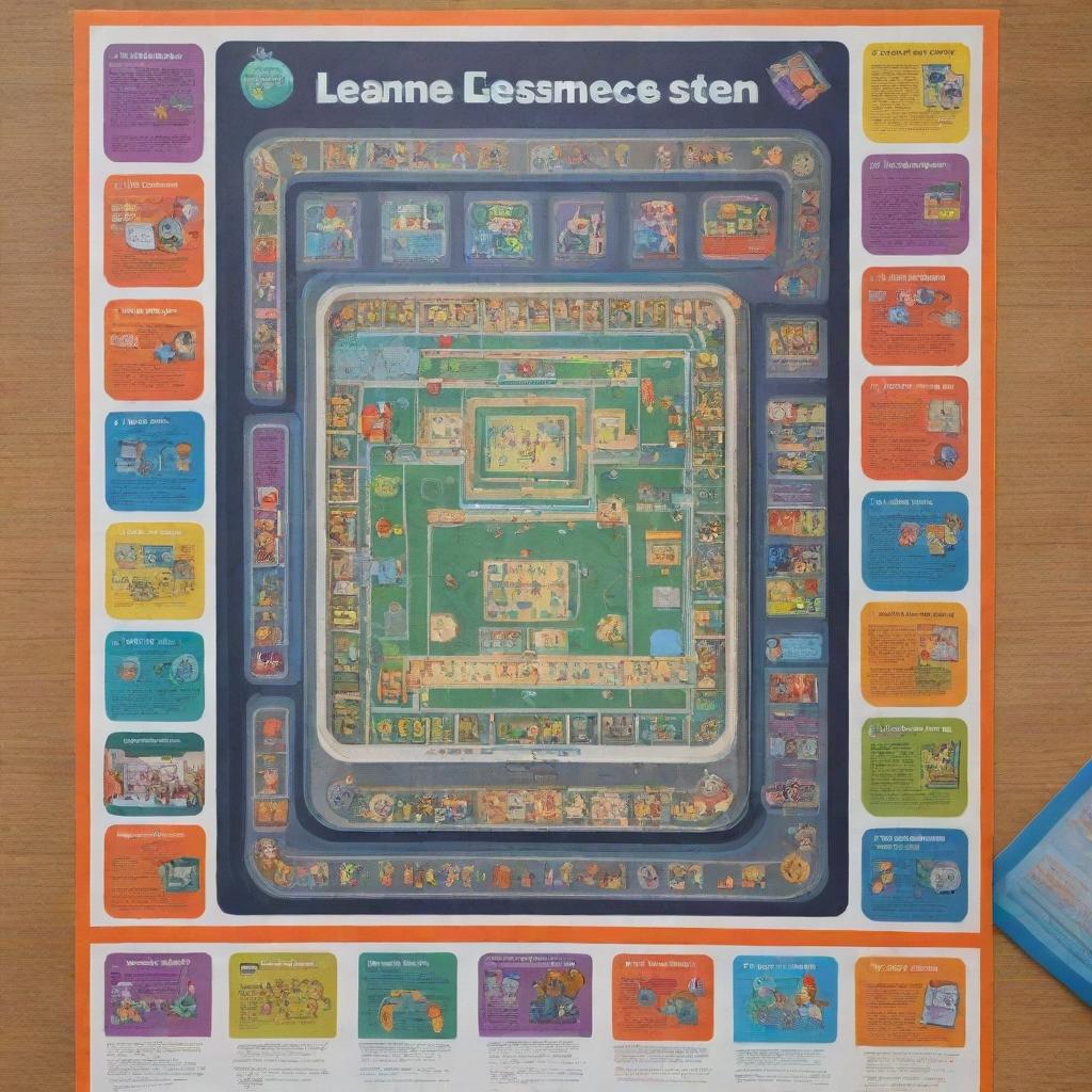 A vibrant and energetic poster showcasing a game-based learning system in a school setting. Include elements such as children, educational video games, and school infrastructure.