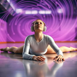 An 18-year-old ginger gymnast, Caucasian, lying on the floor and zoning out in a gymnastics hall