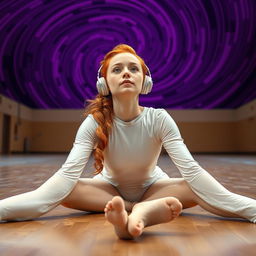 An 18-year-old ginger gymnast, Caucasian, lying on the floor and zoning out in a gymnastics hall