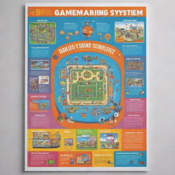 A vibrant and energetic poster showcasing a game-based learning system in a school setting. Include elements such as children, educational video games, and school infrastructure.