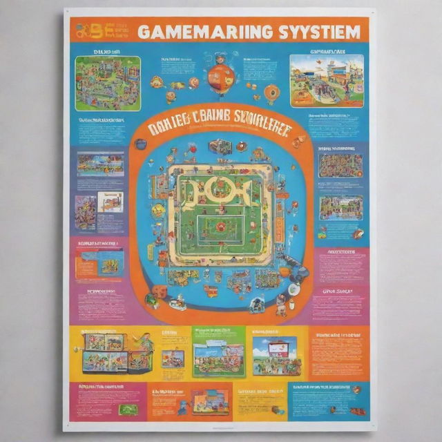 A vibrant and energetic poster showcasing a game-based learning system in a school setting. Include elements such as children, educational video games, and school infrastructure.