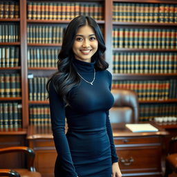 A 20-year-old slender Asian woman stands with a poised and confident demeanor in a lawyer's office