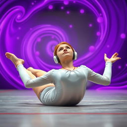 An 18-year-old ginger gymnast, Caucasian, lying on her back and zoning out in a gymnastics hall