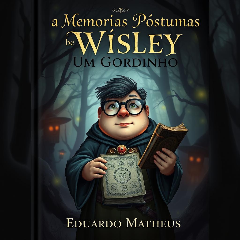 A dark fantasy book cover featuring a chubby protagonist with glasses named Wisley