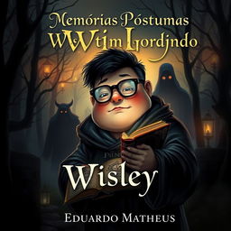 A dark fantasy book cover featuring a chubby protagonist with glasses named Wisley