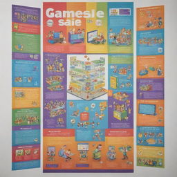 A vibrant and energetic poster showcasing a game-based learning system in a school setting. Include elements such as children, educational video games, and school infrastructure.