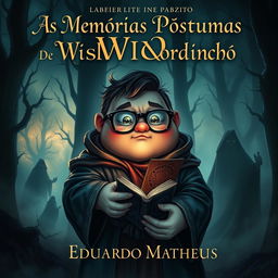 A dark fantasy book cover featuring a chubby protagonist with glasses named Wisley