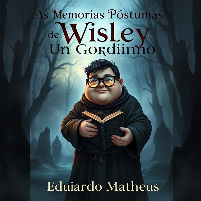 A dark fantasy book cover featuring a chubby protagonist with glasses named Wisley