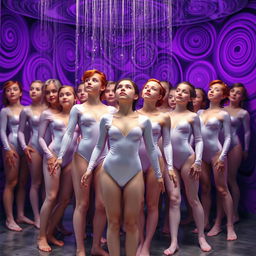 A group of 18-year-old ginger gymnasts, Caucasian, gathered in a group shower, each wearing a white shiny longsleeve leotard