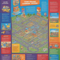 A vibrant and energetic poster showcasing a game-based learning system in a school setting. Include elements such as children, educational video games, and school infrastructure.