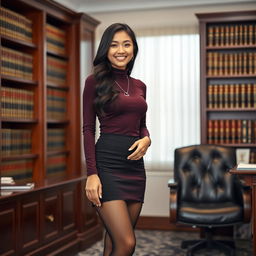 A 20-year-old slender Asian woman stands confidently in a lawyer's office, her smile revealing straight white teeth