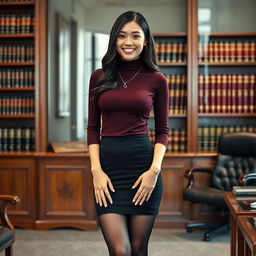 A 20-year-old slender Asian woman stands confidently in a lawyer's office, her smile revealing straight white teeth