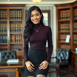 An 18-year-old slender Asian woman stands confidently in a lawyer's office, her smile showcasing her straight white teeth