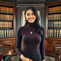 An 18-year-old slender Asian woman stands confidently in a lawyer's office, her smile showcasing her straight white teeth